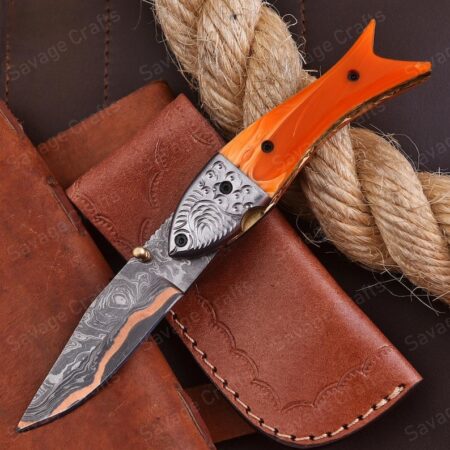 8″ Handmade Copper Damascus Steel Folding/Pocket Knife – Resin Handle