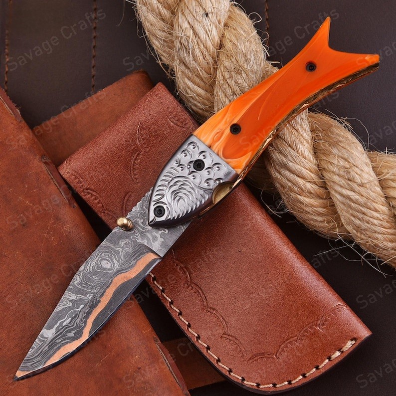 8″ Handmade Copper Damascus Steel Folding/Pocket Knife – Resin Handle