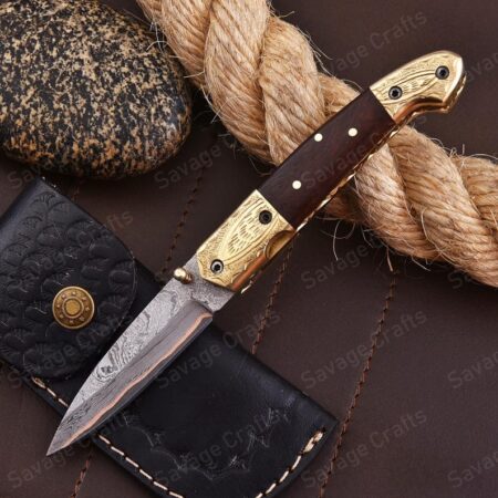 8″ Handmade Copper Damascus Steel Folding/Pocket Knife – Wood Handle